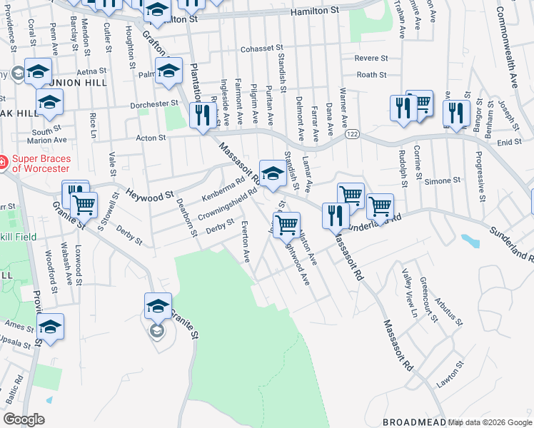 map of restaurants, bars, coffee shops, grocery stores, and more near 18 Edison Street in Worcester
