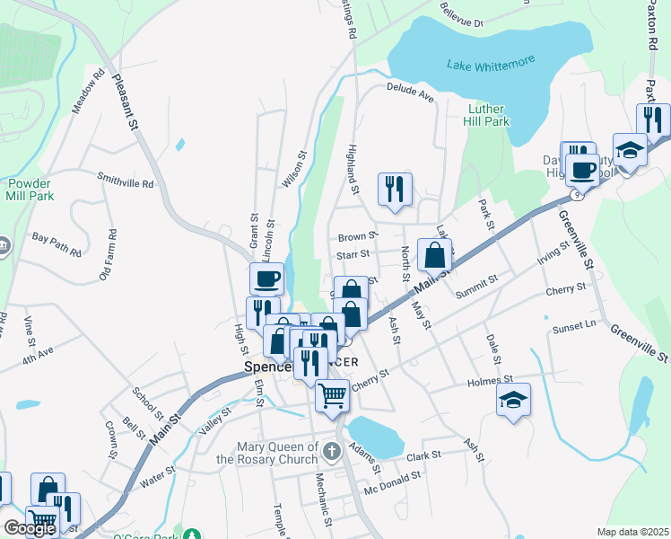map of restaurants, bars, coffee shops, grocery stores, and more near 29 Grove Street in Spencer