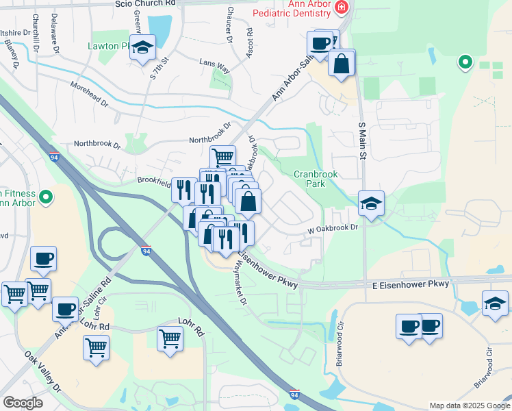 map of restaurants, bars, coffee shops, grocery stores, and more near 118 West Oakbrook Drive in Ann Arbor