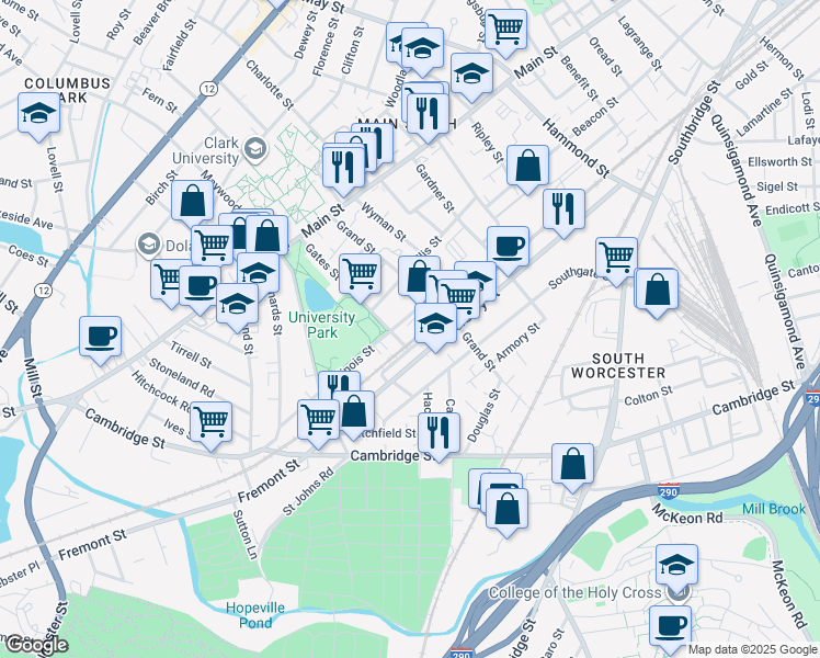 map of restaurants, bars, coffee shops, grocery stores, and more near 21 Illinois Street in Worcester