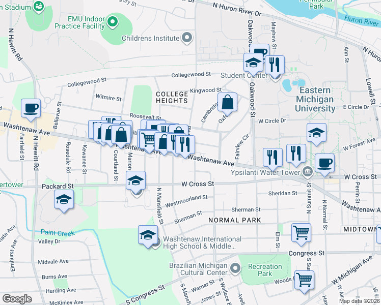 map of restaurants, bars, coffee shops, grocery stores, and more near 1301 Whittier Road in Ypsilanti