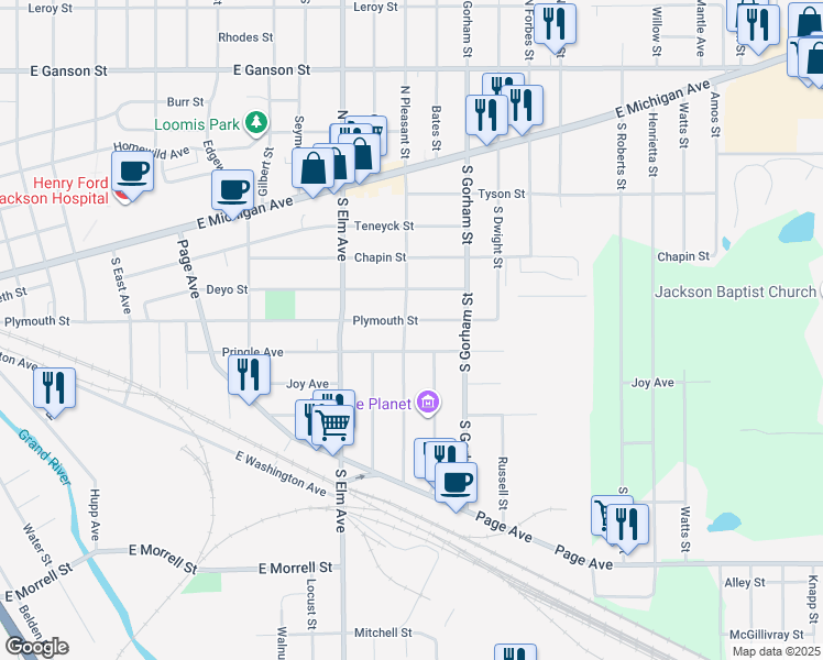 map of restaurants, bars, coffee shops, grocery stores, and more near 1819 Plymouth Street in Jackson