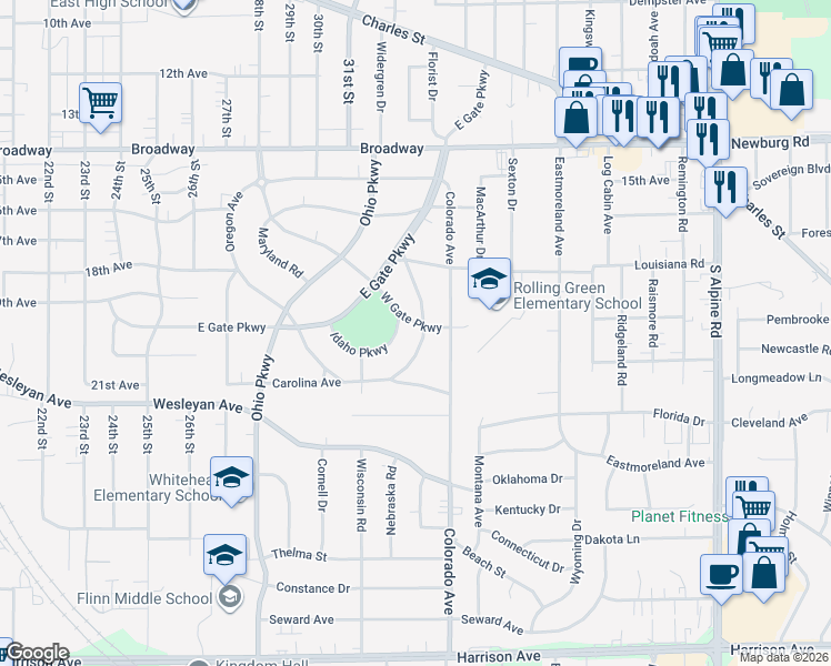 map of restaurants, bars, coffee shops, grocery stores, and more near 1924 Nebraska Road in Rockford