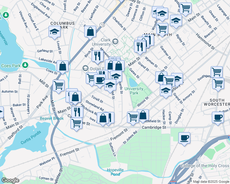 map of restaurants, bars, coffee shops, grocery stores, and more near 9 Freeland Street in Worcester
