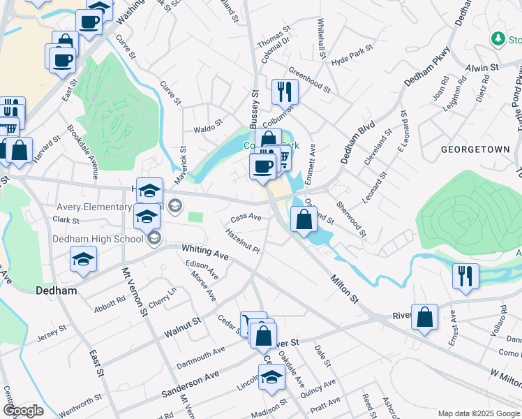 map of restaurants, bars, coffee shops, grocery stores, and more near 40 High Street in Dedham