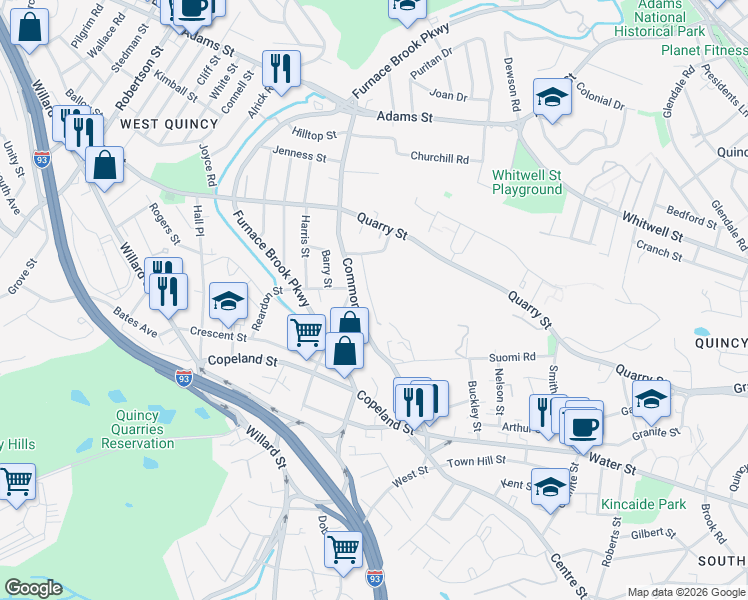 map of restaurants, bars, coffee shops, grocery stores, and more near 46 Filbert Street in Quincy
