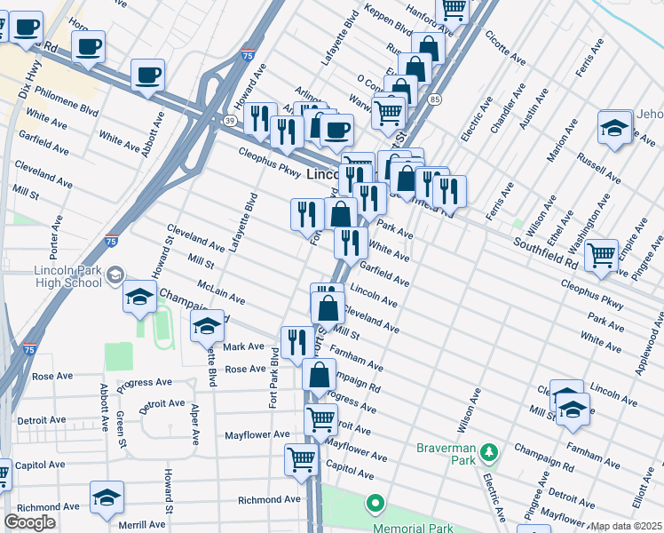 map of restaurants, bars, coffee shops, grocery stores, and more near 1303 Garfield Avenue in Lincoln Park
