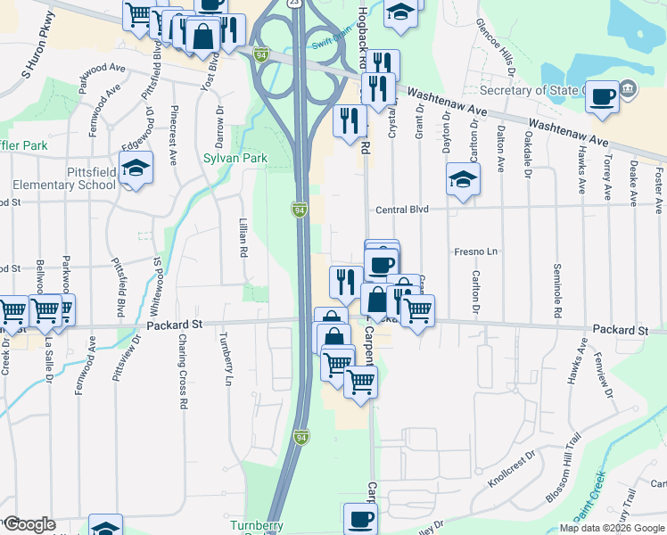 map of restaurants, bars, coffee shops, grocery stores, and more near 2790 Carpenter Road in Ann Arbor