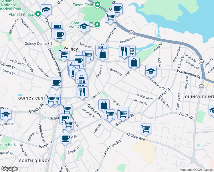 map of restaurants, bars, coffee shops, grocery stores, and more near 85 Elm Street in Quincy