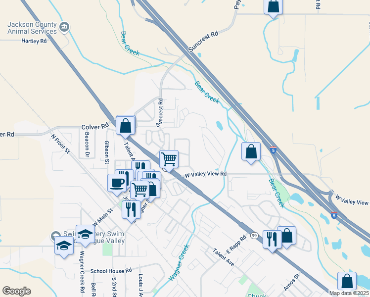 map of restaurants, bars, coffee shops, grocery stores, and more near 139 Poppy Bay Place in Talent