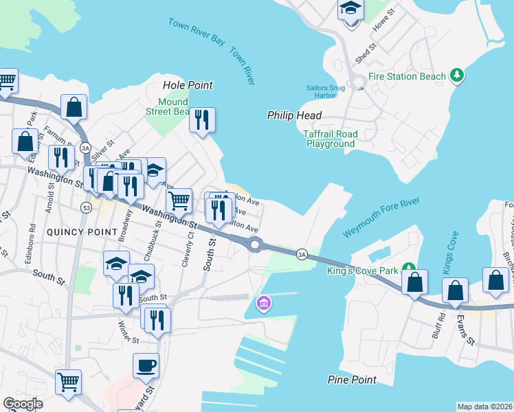 map of restaurants, bars, coffee shops, grocery stores, and more near 63 Avalon Avenue in Quincy