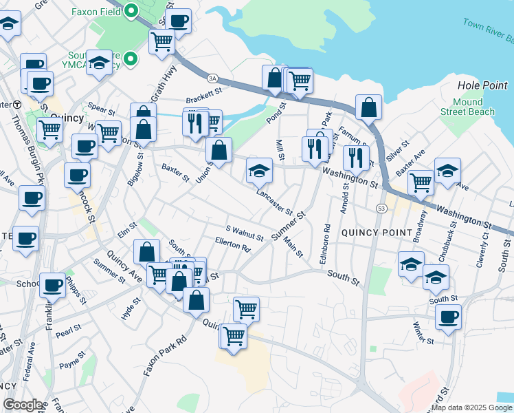 map of restaurants, bars, coffee shops, grocery stores, and more near 49 Lancaster Street in Quincy