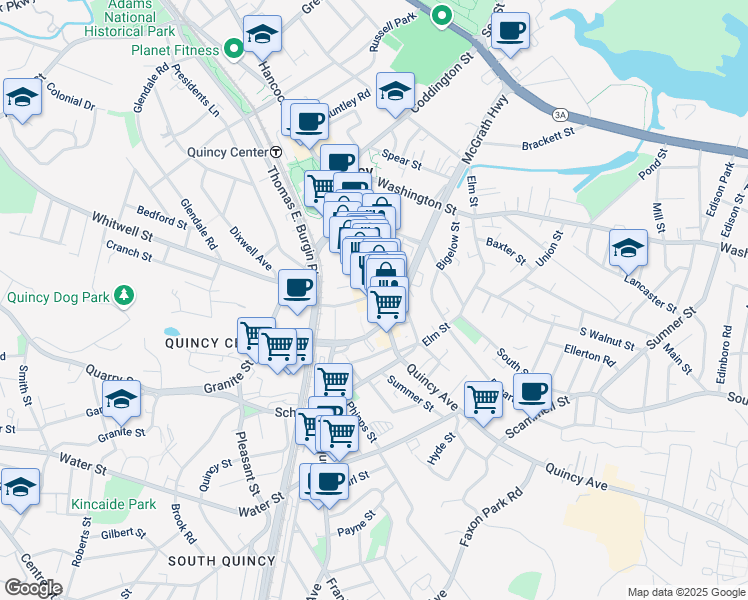 map of restaurants, bars, coffee shops, grocery stores, and more near 1548 Hancock Street in Quincy