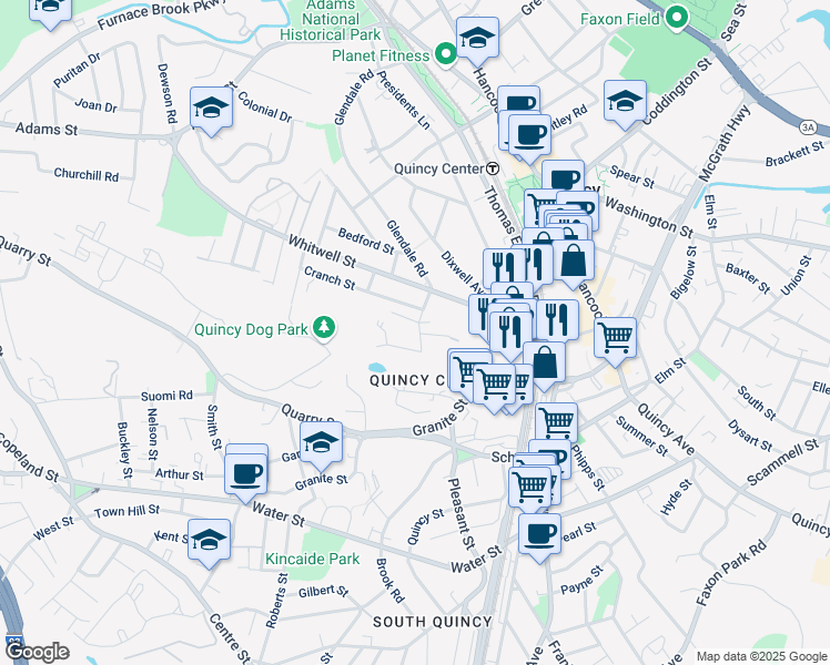 map of restaurants, bars, coffee shops, grocery stores, and more near 29 Deldorf Street in Quincy