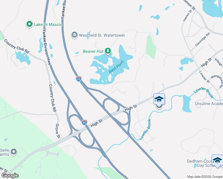 map of restaurants, bars, coffee shops, grocery stores, and more near 225 Meadowbrook Road in Dedham