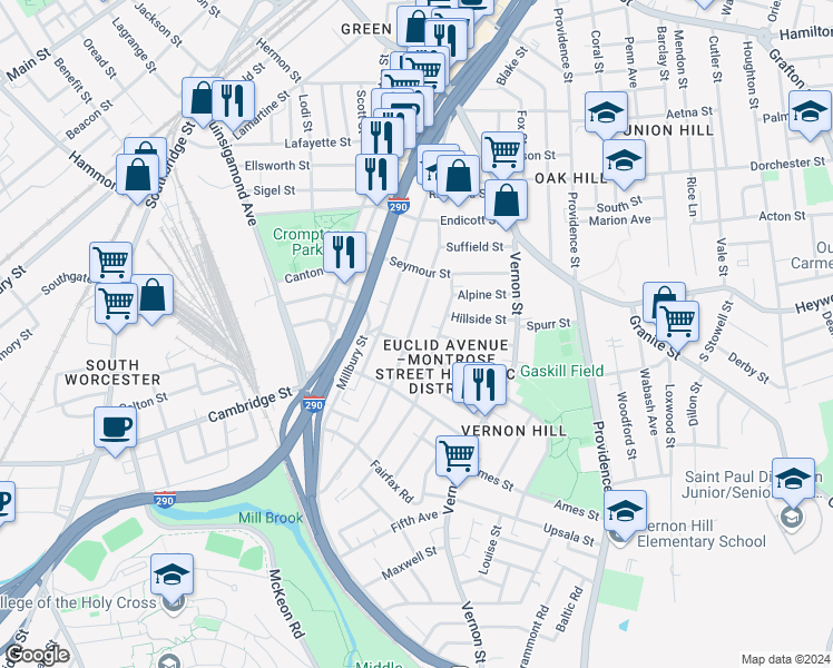 map of restaurants, bars, coffee shops, grocery stores, and more near 84 Perry Avenue in Worcester
