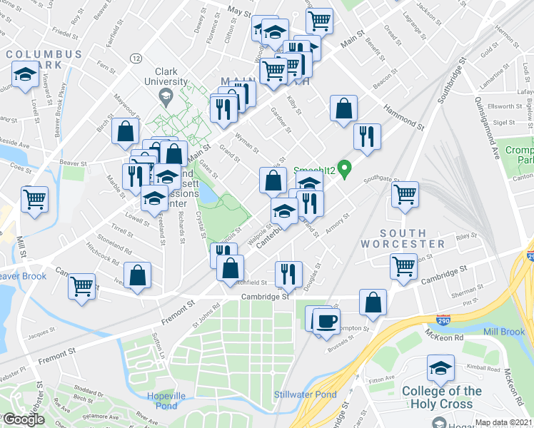 map of restaurants, bars, coffee shops, grocery stores, and more near 25 Illinois Street in Worcester