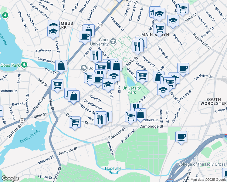 map of restaurants, bars, coffee shops, grocery stores, and more near 9 Freeland Street in Worcester