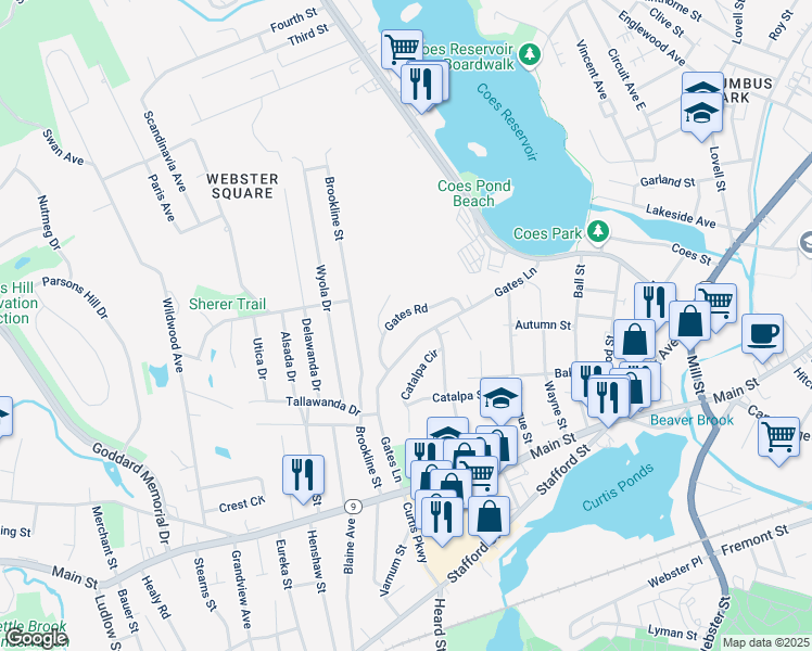 map of restaurants, bars, coffee shops, grocery stores, and more near 22 Gates Road in Worcester