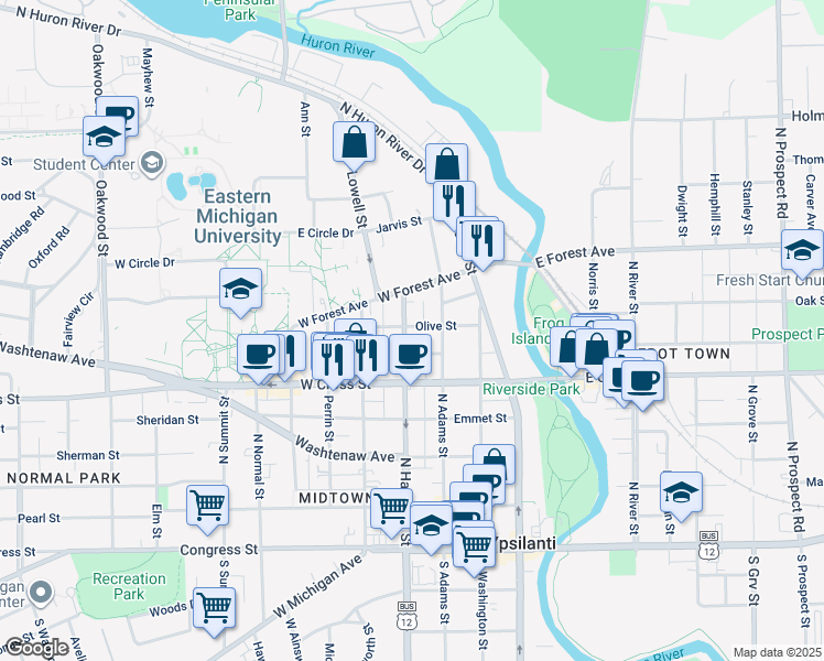 map of restaurants, bars, coffee shops, grocery stores, and more near 502 North Hamilton Street in Ypsilanti