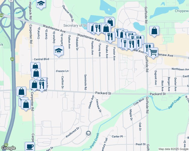 map of restaurants, bars, coffee shops, grocery stores, and more near 2751 Hawks Road in Ann Arbor