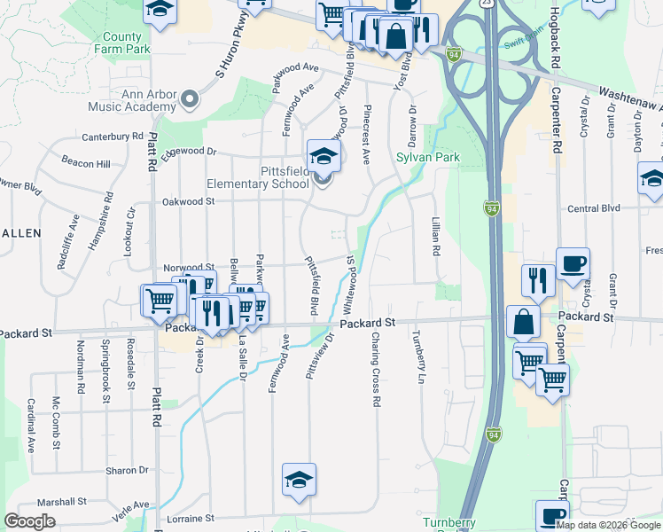 map of restaurants, bars, coffee shops, grocery stores, and more near 2826 Whitewood Street in Ann Arbor