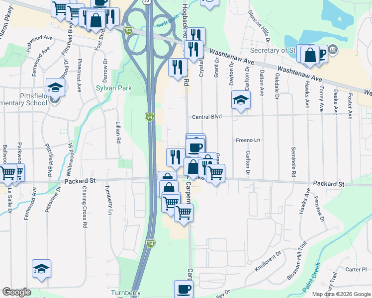 map of restaurants, bars, coffee shops, grocery stores, and more near 2864 Carpenter Road in Ann Arbor