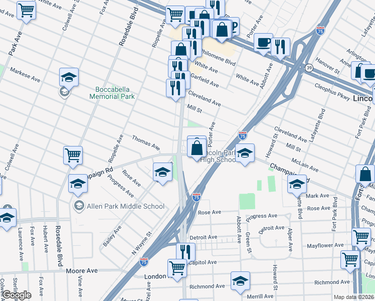 map of restaurants, bars, coffee shops, grocery stores, and more near 1868 Champaign Road in Lincoln Park