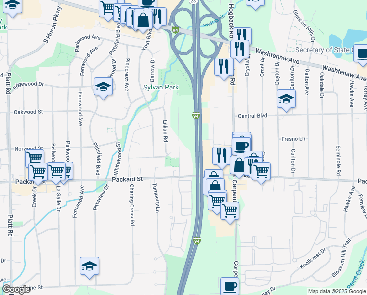 map of restaurants, bars, coffee shops, grocery stores, and more near 2825 Burton Road in Ann Arbor