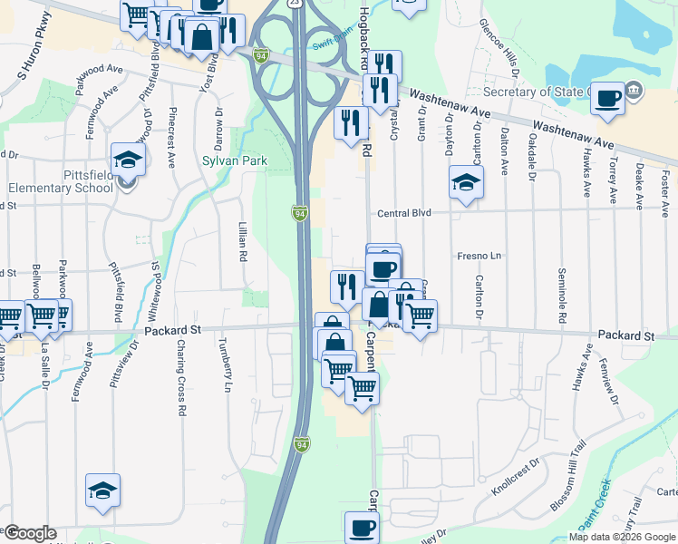 map of restaurants, bars, coffee shops, grocery stores, and more near 2790 Carpenter Road in Ann Arbor