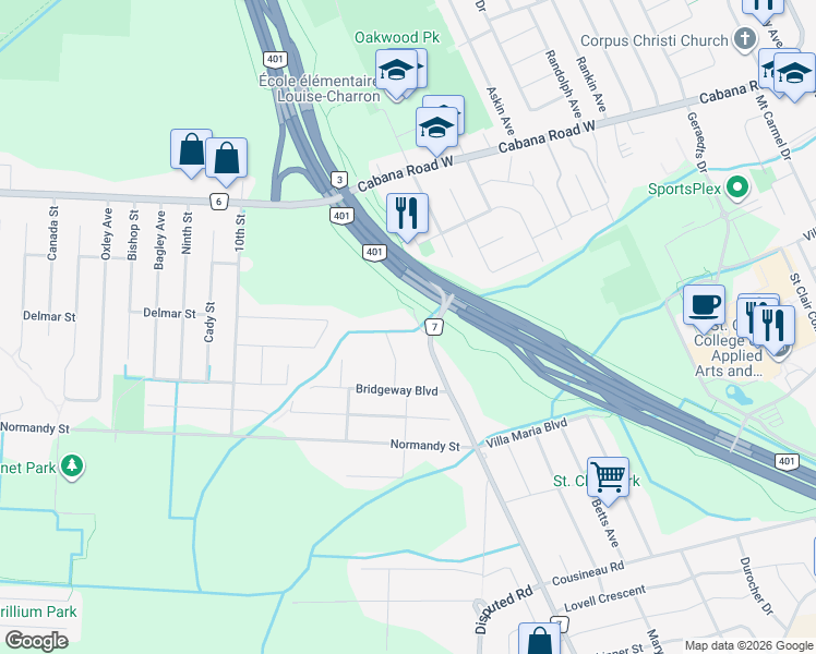 map of restaurants, bars, coffee shops, grocery stores, and more near 3945 Huron Church Line Road in Windsor