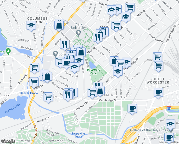 map of restaurants, bars, coffee shops, grocery stores, and more near 18 Crystal Street in Worcester