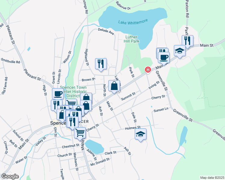 map of restaurants, bars, coffee shops, grocery stores, and more near 4 Powers Street in Spencer