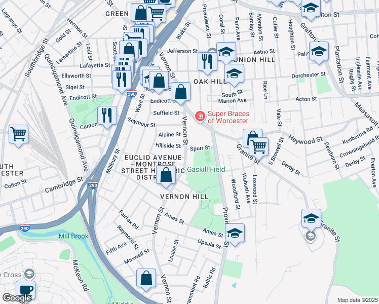 map of restaurants, bars, coffee shops, grocery stores, and more near 105 Vernon Street in Worcester
