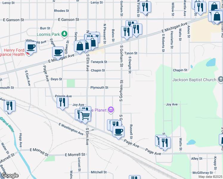 map of restaurants, bars, coffee shops, grocery stores, and more near 1819 Plymouth Street in Jackson