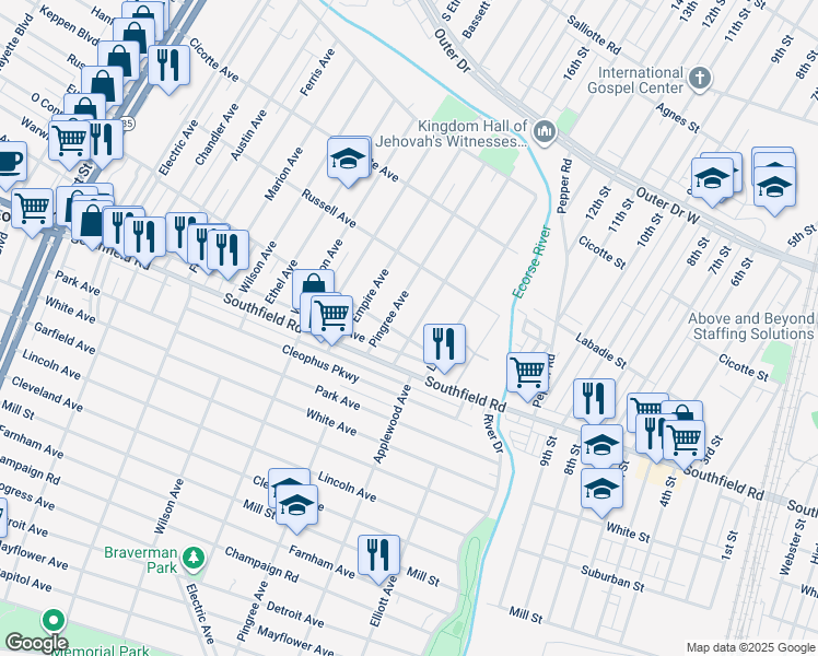 map of restaurants, bars, coffee shops, grocery stores, and more near 1574 Applewood Avenue in Lincoln Park