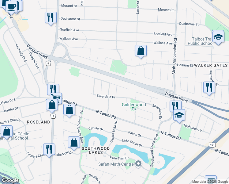 map of restaurants, bars, coffee shops, grocery stores, and more near 4261 Centurion Avenue in Windsor