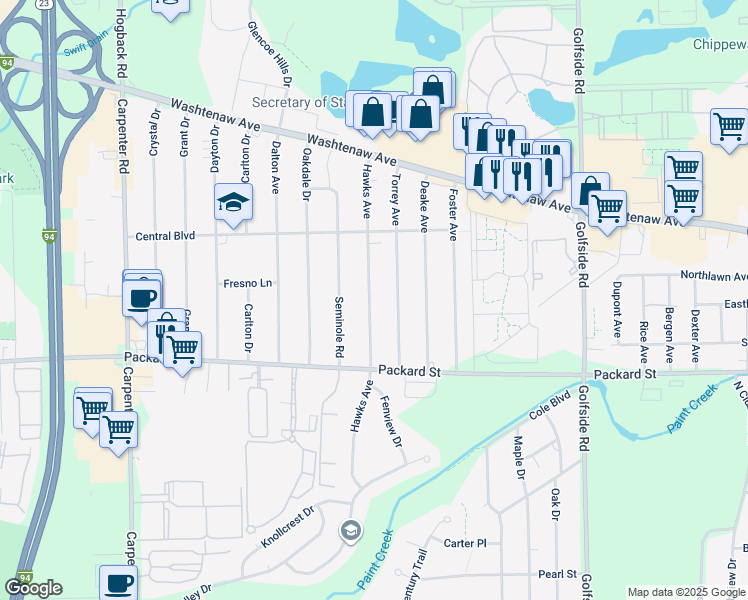 map of restaurants, bars, coffee shops, grocery stores, and more near 2751 Hawks Road in Ann Arbor