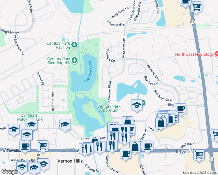 map of restaurants, bars, coffee shops, grocery stores, and more near 103 Brook Lane in Vernon Hills