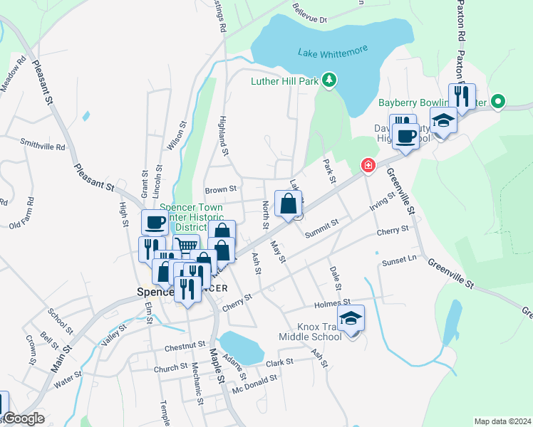 map of restaurants, bars, coffee shops, grocery stores, and more near North Street in Spencer