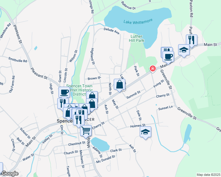 map of restaurants, bars, coffee shops, grocery stores, and more near North Street in Spencer