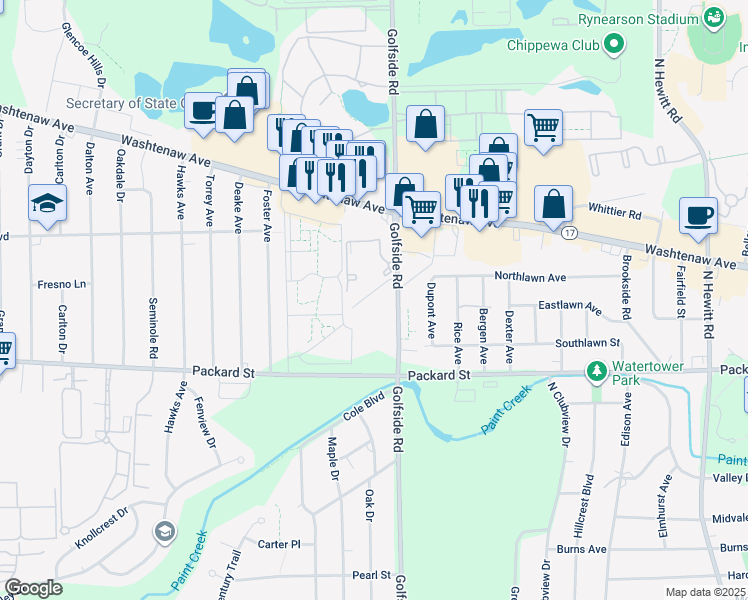 map of restaurants, bars, coffee shops, grocery stores, and more near 4944 Ainsley Road in Ann Arbor