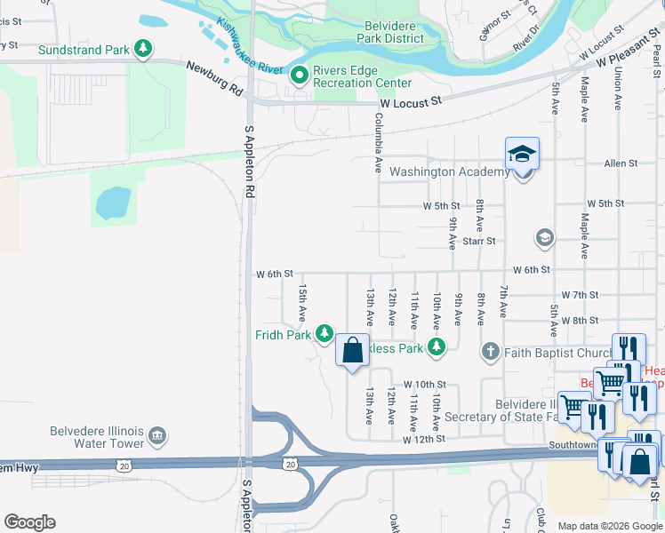 map of restaurants, bars, coffee shops, grocery stores, and more near 1201 West 6th Street in Belvidere