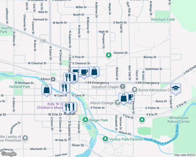 map of restaurants, bars, coffee shops, grocery stores, and more near 401 East Michigan Avenue in Albion