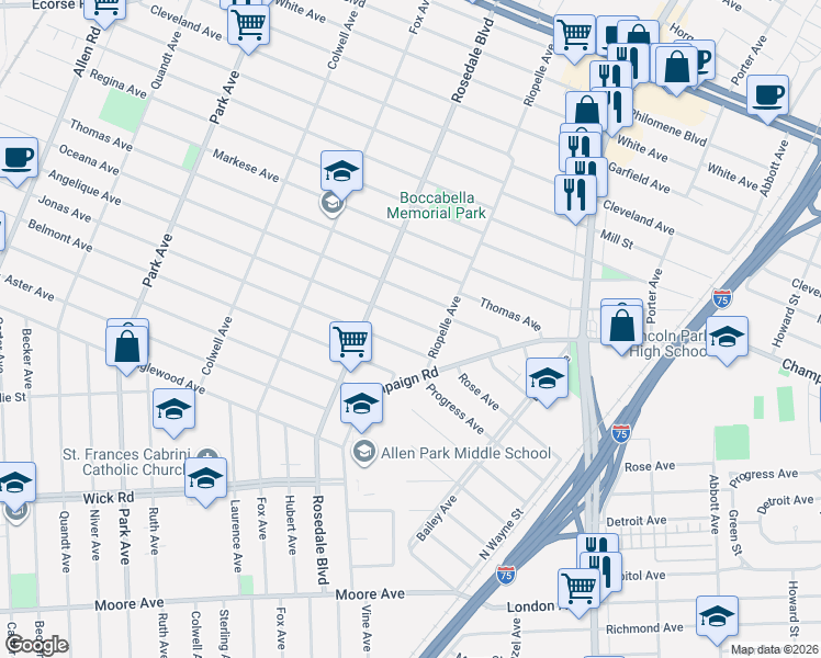 map of restaurants, bars, coffee shops, grocery stores, and more near 14557 Angelique Avenue in Allen Park