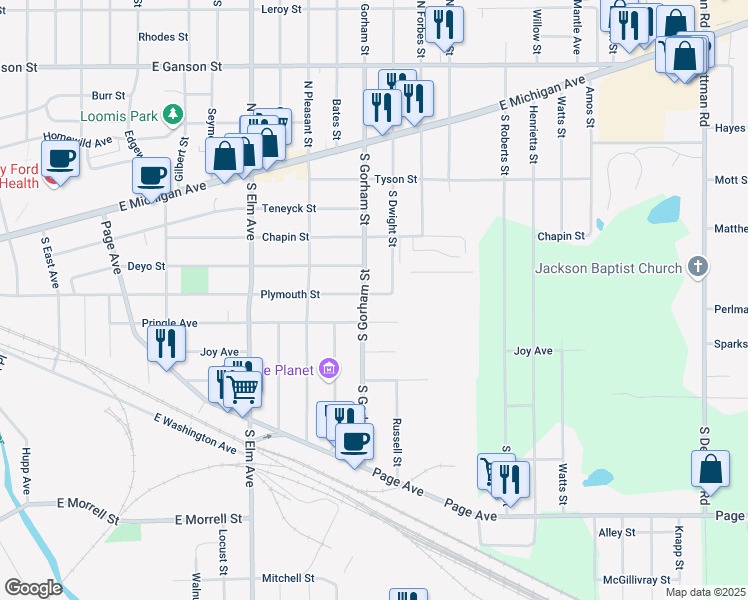 map of restaurants, bars, coffee shops, grocery stores, and more near 601 South Gorham Street in Jackson