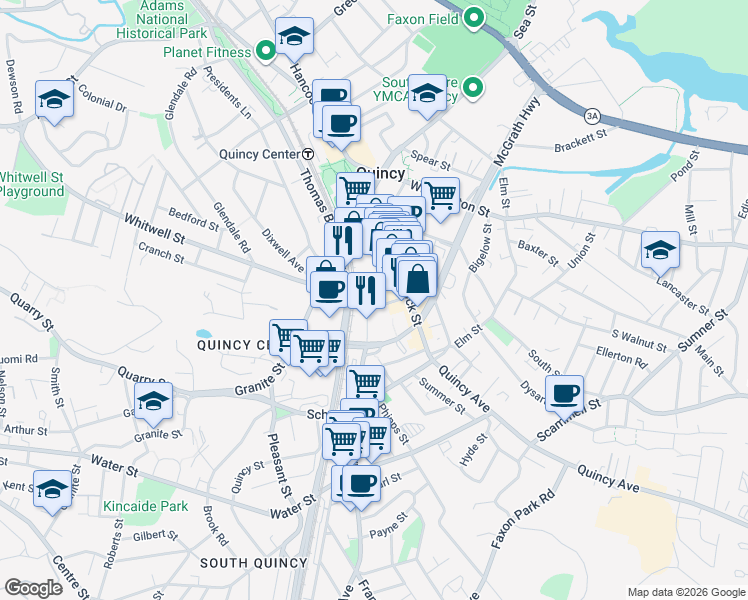 map of restaurants, bars, coffee shops, grocery stores, and more near 86 Parkingway in Quincy