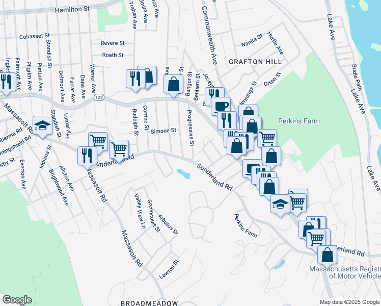 map of restaurants, bars, coffee shops, grocery stores, and more near 90 Progressive Street in Worcester