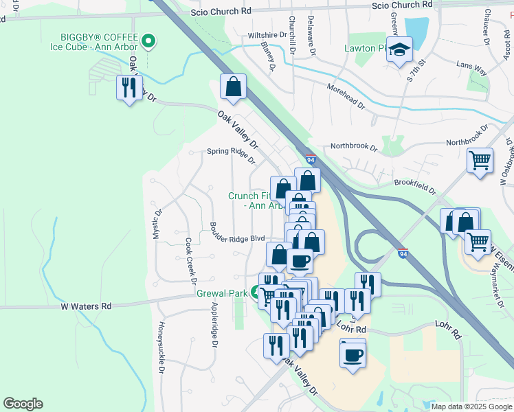 map of restaurants, bars, coffee shops, grocery stores, and more near 2837 Silver Spring Drive in Ann Arbor