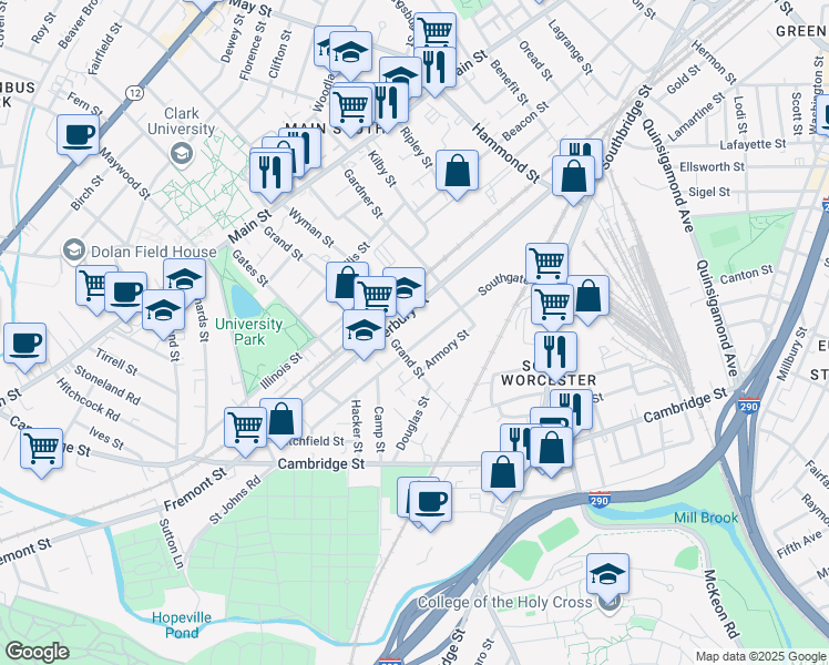 map of restaurants, bars, coffee shops, grocery stores, and more near 64 Southgate Place in Worcester